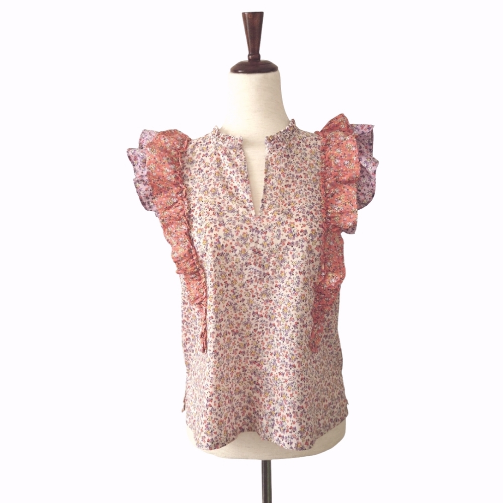 ANN TAYLOR Floral Ruffle Trim Shell Blouse Top Pink Orange Lilac Size XS - Picture 2 of 13